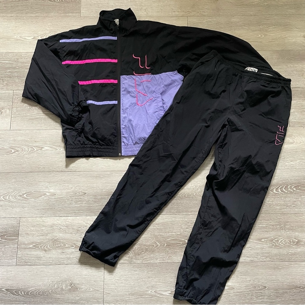 90s Vintage Fila Windbreaker Tracksuit Jacket Pant Set Purple Size 10 Retro RARE